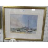 Anthony J Avery, three watercolours, two with water and boats and one with lady with parasol