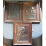 Three framed metal portrait plaques, of Chamberlain, Asquith and Balfour, 6.75ins x 4.75ins