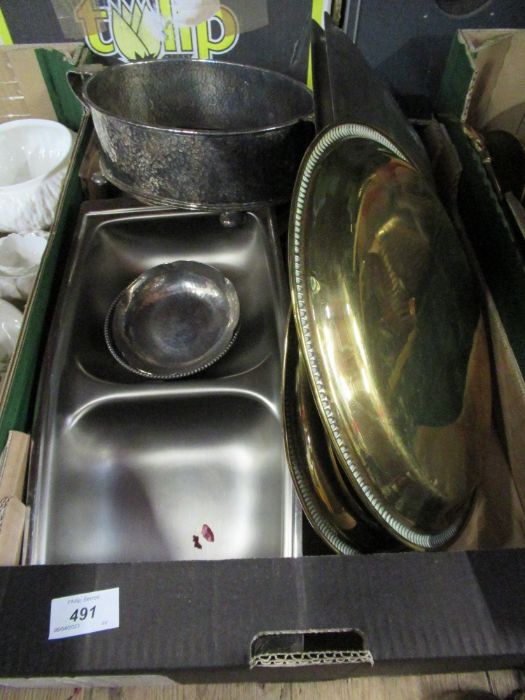 2 Boxes of assorted metalware including stainless steel, cooper , silver candle sticks af etc