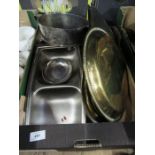 2 Boxes of assorted metalware including stainless steel, cooper , silver candle sticks af etc