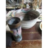 A studio pottery vase and bowl