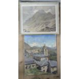 Eyre Walker, watercolour, mountain scene, 13ins x 17ins, together with J A Banks, unframed oil on