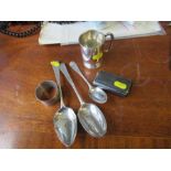 A collection of silver, to include three spoons, napkin ring, snuff box and a christening mug,