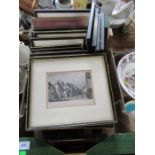 A collection of antique prints and etchings including London scenes and antique maps and Essex