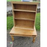 A pine set of shelves, width 32ins height 37ins, together with a coffee table, 31ins x 24ins, height
