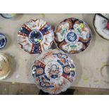 Three Imari pattern wall plates, together with two other Oriental plates, diameter 9.25ins