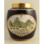 A Royal Crown Derby covered ginger jar, decorated with two oval reserves of a landscape and a pink