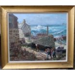 Isabel Wrightson, oil on canvas, a Cornish coastal town with fishermen carrying lobster pots,