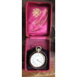 An 18ct gold cased pocket watch, with white enamel dial and Roman numerals, the case engraved with