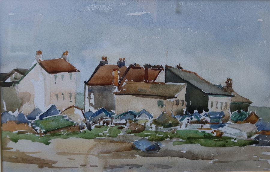 Mary Baker, watercolour and charcoal, village scene, 12ins x 17ins, together with two other - Image 7 of 7