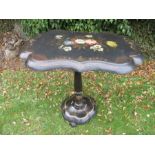 A Victorian paper mache tilt top table, heavily painted and inlaid gilt decoration, width 29ins,
