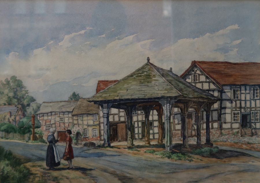 Mary Baker, watercolour and charcoal, village scene, 12ins x 17ins, together with two other - Image 2 of 7