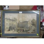 A 19th century colour print, market scene, 11ins x 18ins