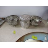 Two Indian silver dishes and a covered pot