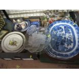 2 boxes of china and glass to include meat platter, tea pot together with a pair of candelabra