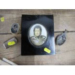 A hallmarked silver snuff box, together with a Continental silver caddy spoon, a locket brooch and a