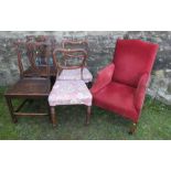 An Edwardian easy chair, together with two pairs of chairs