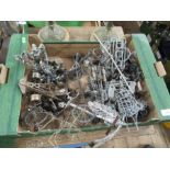 A box of metal ornaments, and another box of fishermen models, etc