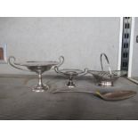 A collection of hallmarked silver, to include a spoon and a basket and pedestal dishes, weight 10oz