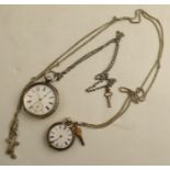 Two silver cased open face pocket watches, with silver chains