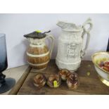 Two Victorian pottery jugs, together with two Doulton Lambeth match holders, a pepper pot and an
