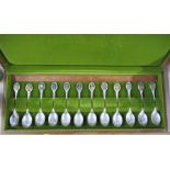 A cased set of twelve silver spoons, each terminal decorated with a different flower