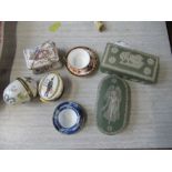 Two green jasper ware boxes, one marked Wedgwood, together with three enamel boxes and two miniature