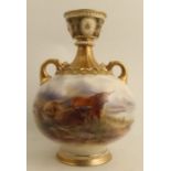 A Royal Worcester vase, painted with Highland cattle in a landscape, by John Stinton, height 14ins -