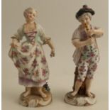 Two 19th century Paris porcelain figures, girl with flowers and a man playing a pipe, af
