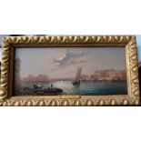 Luigi M Galea, oil on board, a view of Malta with sailing vessels, figures and buildings bearing old