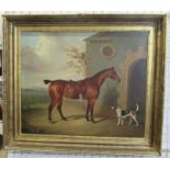 David Dalby of York, oil on canvas, study of a bay horse tacked up and a fox hound, 24.5ins x 29.