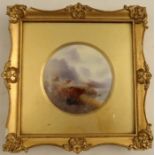A framed Royal Worcester circular plaque, decorated with four Highland cattle in landscape by John