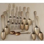 A silver part canteen of cutlery, comprising four dinner forks, four dessert forks, two serving
