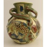 A C H Brannam Barum pottery vase, decorated with fish and reeds, dated 1902, height 9.5ins - Crazing