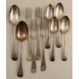 Two pairs of silver dinner forks, together with two pairs of silver dessert spoons and a pair of