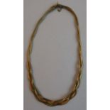 A 9ct three colour gold three strand woven flat link necklace, weight 31.5g