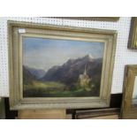 A 19th century oil on canvas, Continental landscape with church in a valley, indistinctly signed,