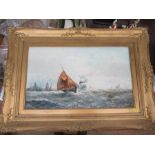 An oil on board, ships at sea, 11.5ins x 19.5ins