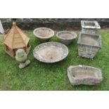 Six garden planter, a stone owl and a wooden bird table