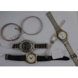 Two silver bangles, together with four dress watches: Bulova, Seiko Stainless steel, Ruhla and