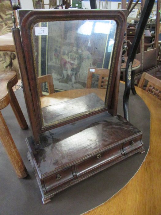 A Queen Anne design mahogany swing frame toilet mirror, 19.5ins, height 24ins