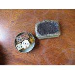 Five vintage dice, in wood and bone, together with a small gilt metal and leather purse