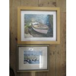 B Syms, oil on board, Bullock harbour, Co. Dublin, together with another picture of a row boat