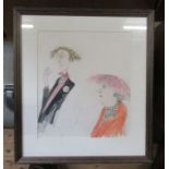 Sue Macartney-Snape, two watercolour and pencil sketches, a lady in pink hat and a man smoking, 9ins
