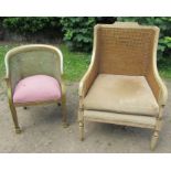 Two cane armchairs, one of curved form the other square