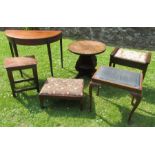 A collection of furniture, to include stools, table and D end table