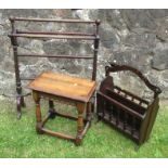 A mahogany towel rail, together with an oak joint stool, a magazine rack and a rug