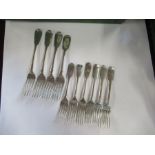 Six various hallmarked silver fiddle pattern dessert forks, together with four silver dinner