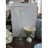 A large glass trumpet vase, height 21.5ins, together with an Italian pottery standing cup vase