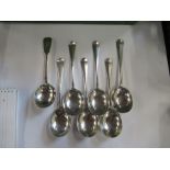 A set of six silver soup spoons, with rat tail to the bowl, London 1931, weight 13oz, together